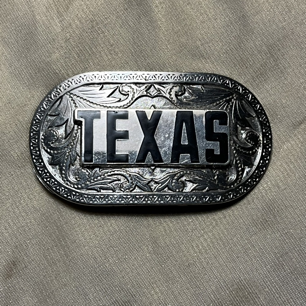 1960-70s Vintage TEXAS Western Belt Buckle Silver Black Rodeo Country Small